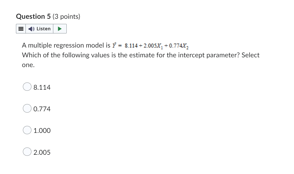 = 8.114+ 2.005X, + 0.774X2 Which of the following values is the