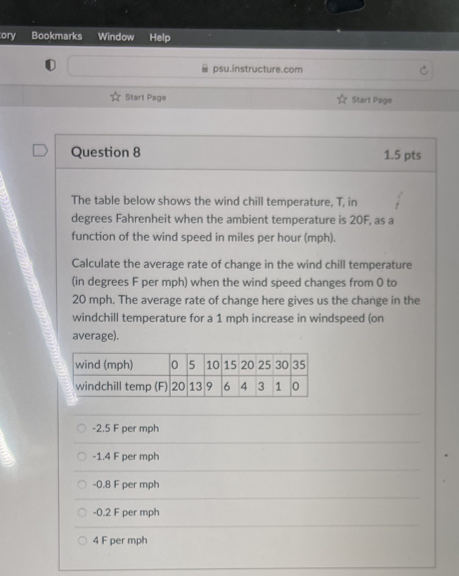 Question 8 1.5 pts The table below shows the wind chill temperature,