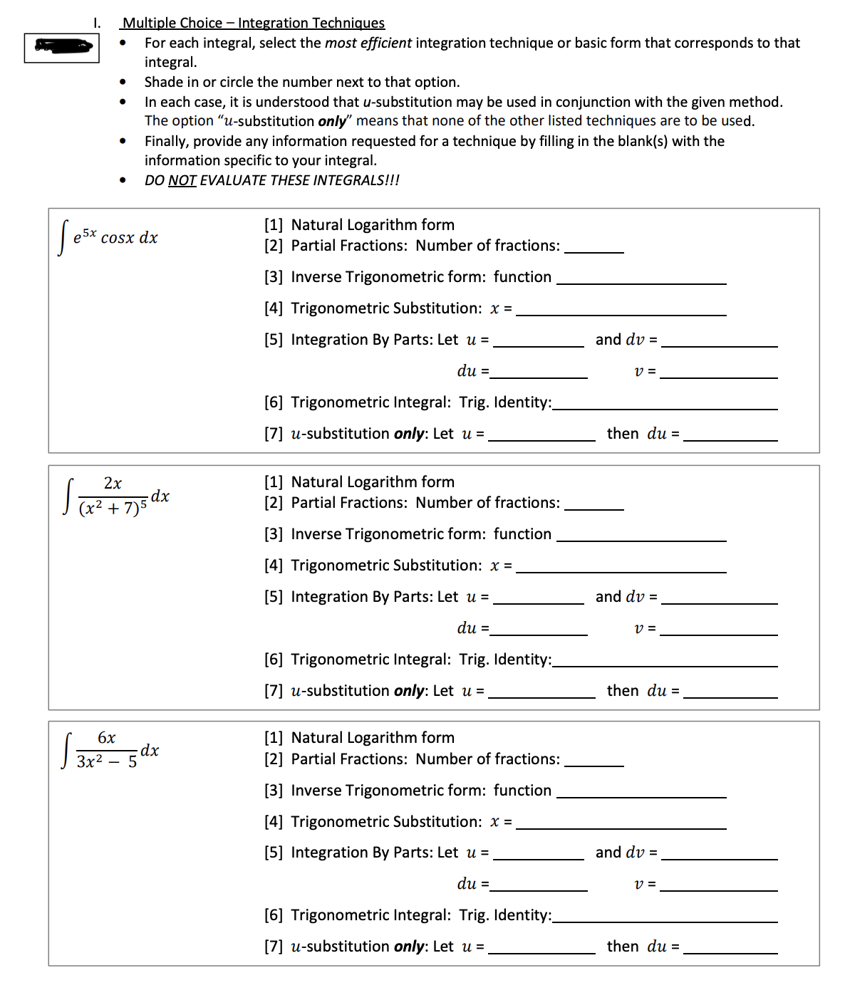 Please help!!Clear Hand Writingshow work I. Multiple Choice - Integration Technigues
