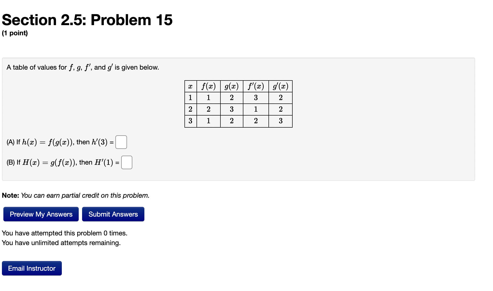  Section 2.5: Problem 15 (1 point) A table of values for