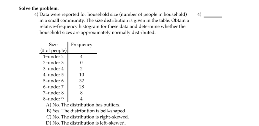  question 4 Solve the problem. 4) Data were reported for household