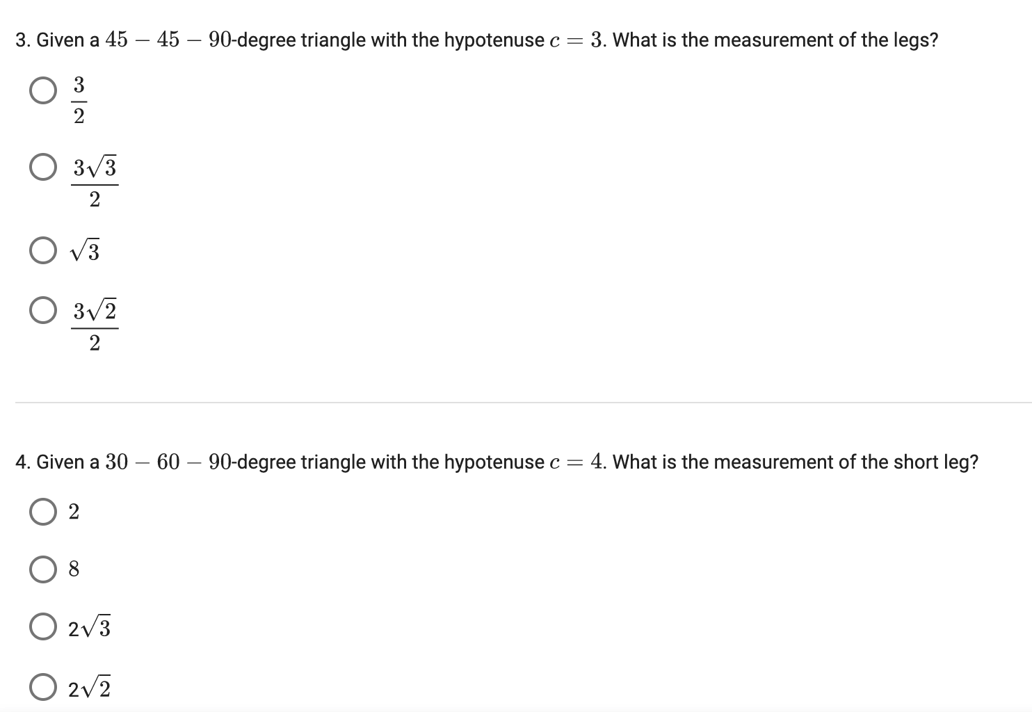 c = 3. What is the measurement of the legs? O N