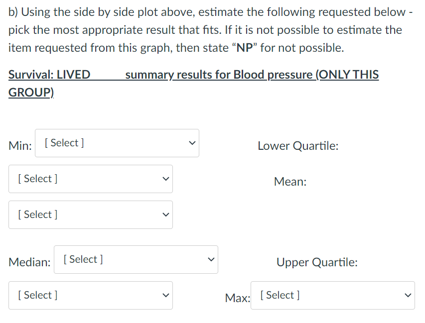 state \"NP" for not possible. Survival: LIVED summary results for Blood pressure