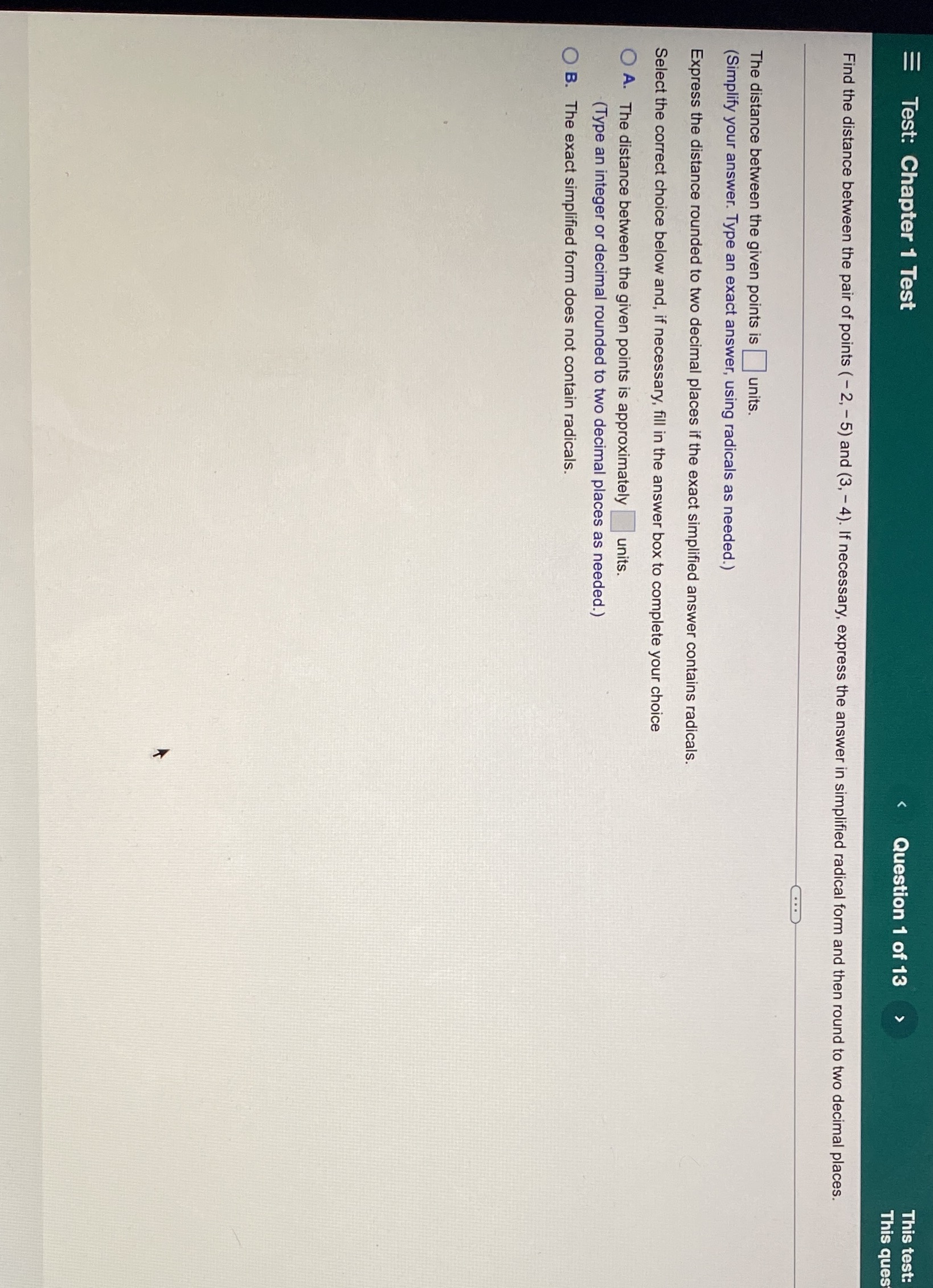 This test This ques Find the distance between the pair of points