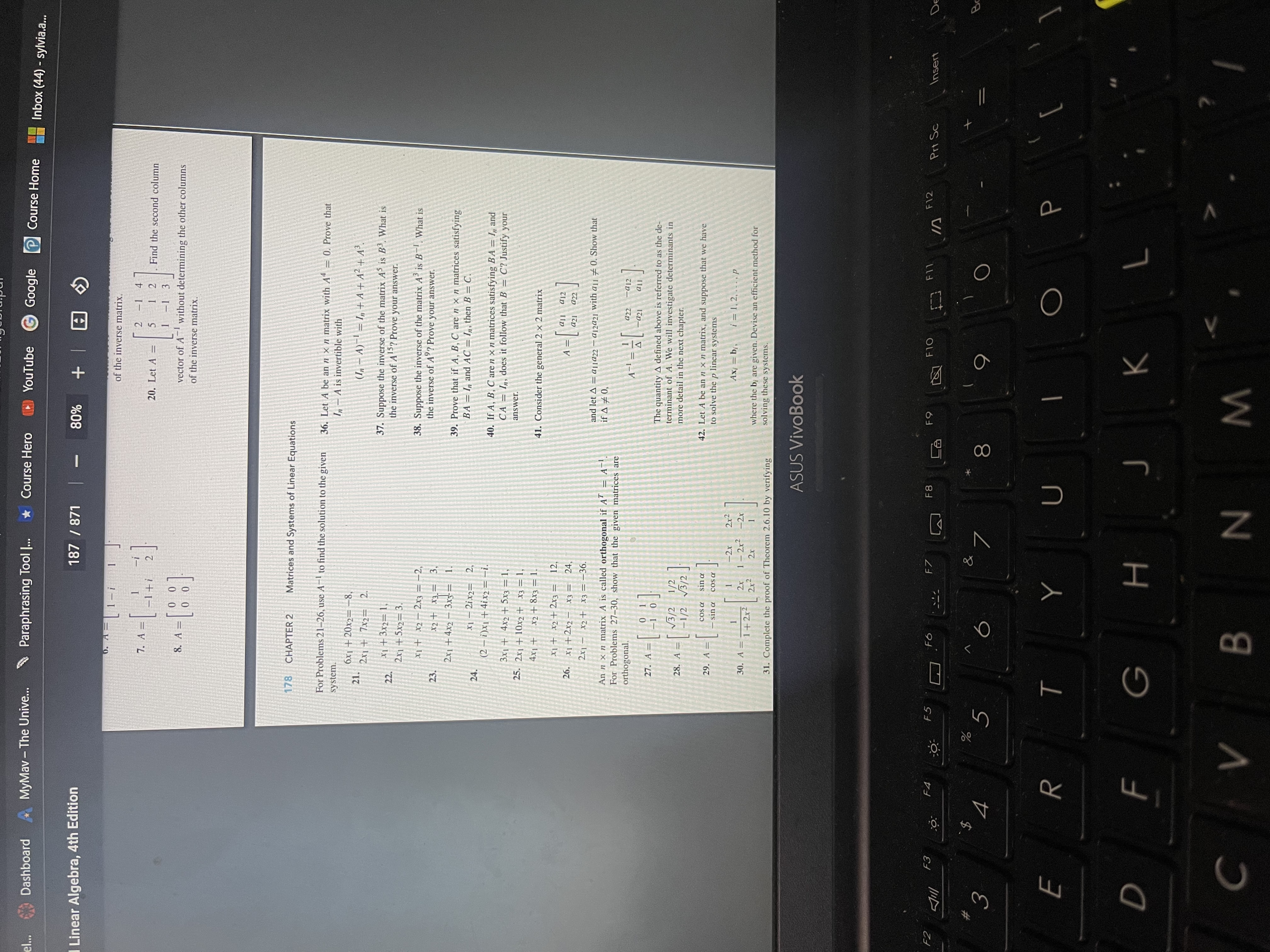 YouTube G Google Course Home Inbox (44) - sylvia.a... and Linear Algebra,