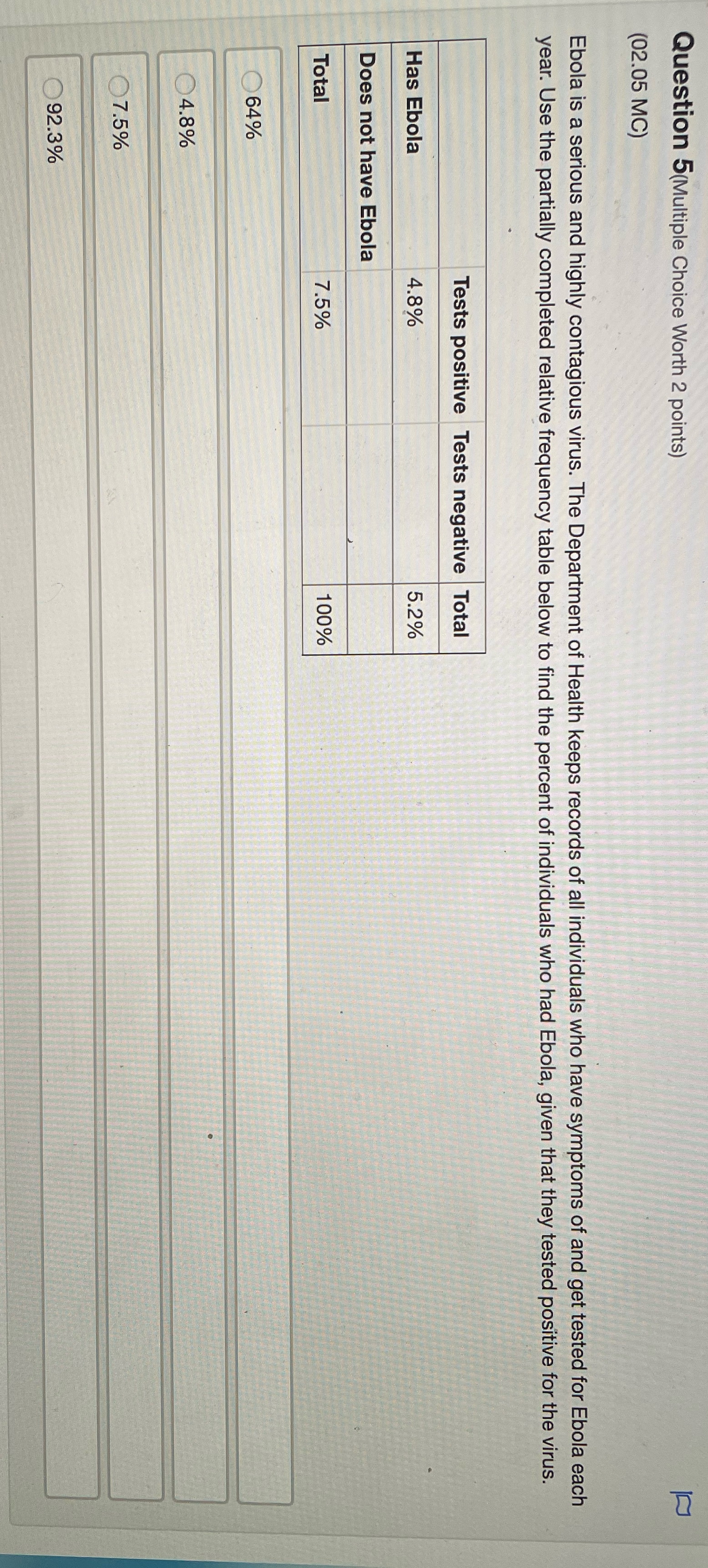  Question 5(Multiple Choice Worth 2 points) (02.05 MC) Ebola is a