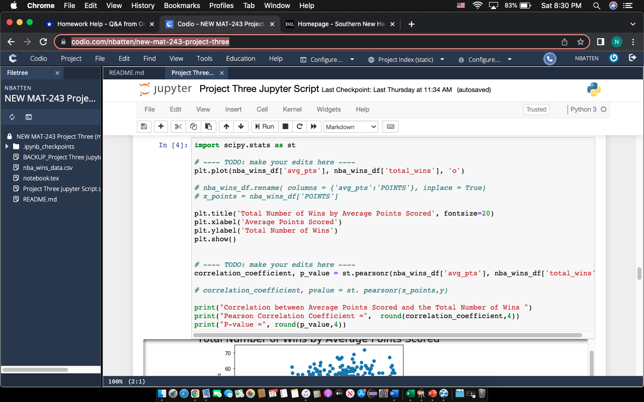 Average Points ScoredYou constructed a scatterplot of total number of wins and