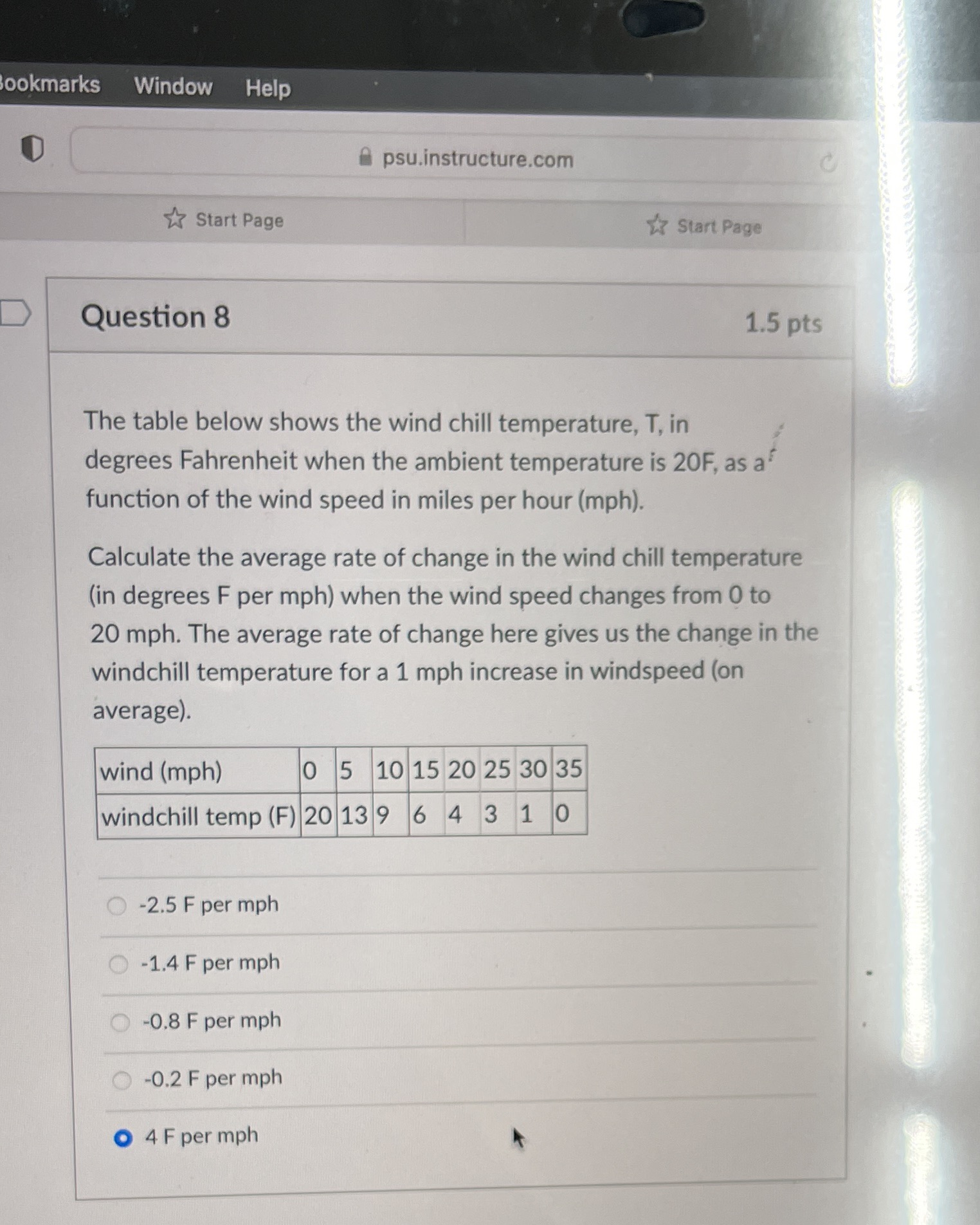  ookmarks Window Help psu.instructure.com Start Page Start Page Question 8 1.5