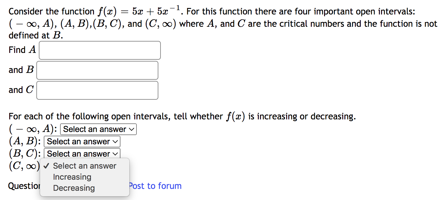 not defined at B. Find A and B and C For each