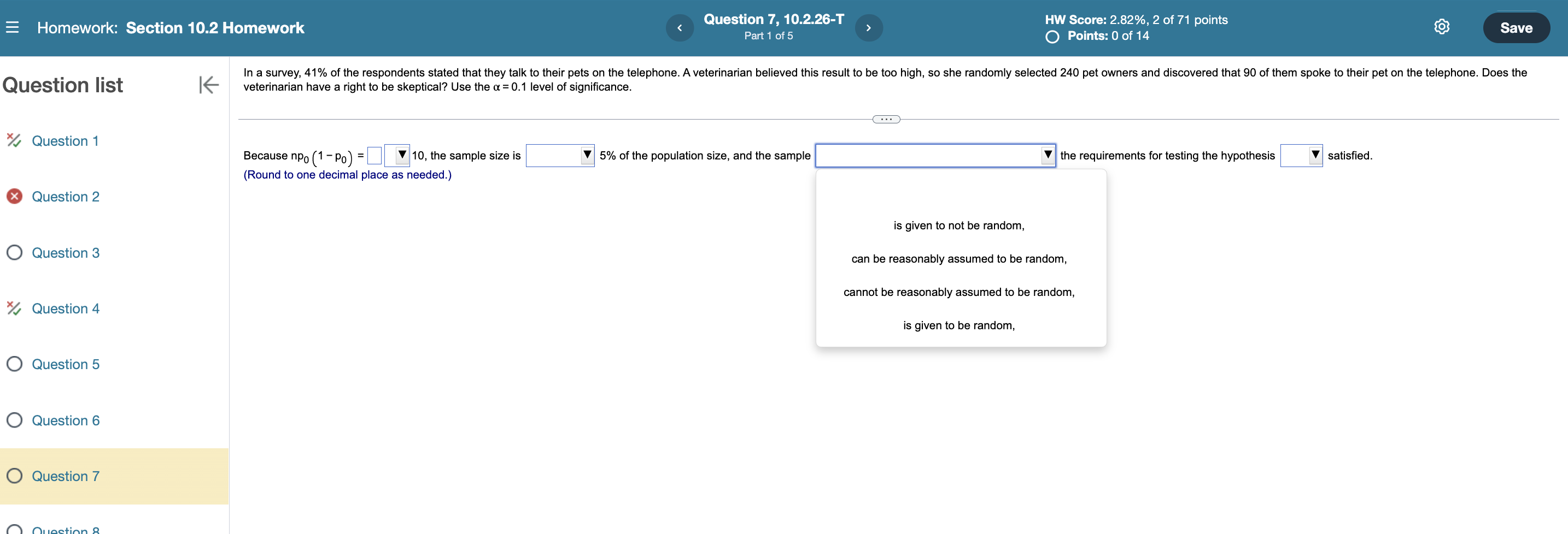 p>0l7 n =100:x=75,u= 0.1 0 Question 1 E) 0 Question 2 '5