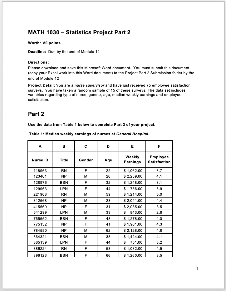  MATH 1030 - Statistics Project Part 2 Worth: 80 points Deadline: