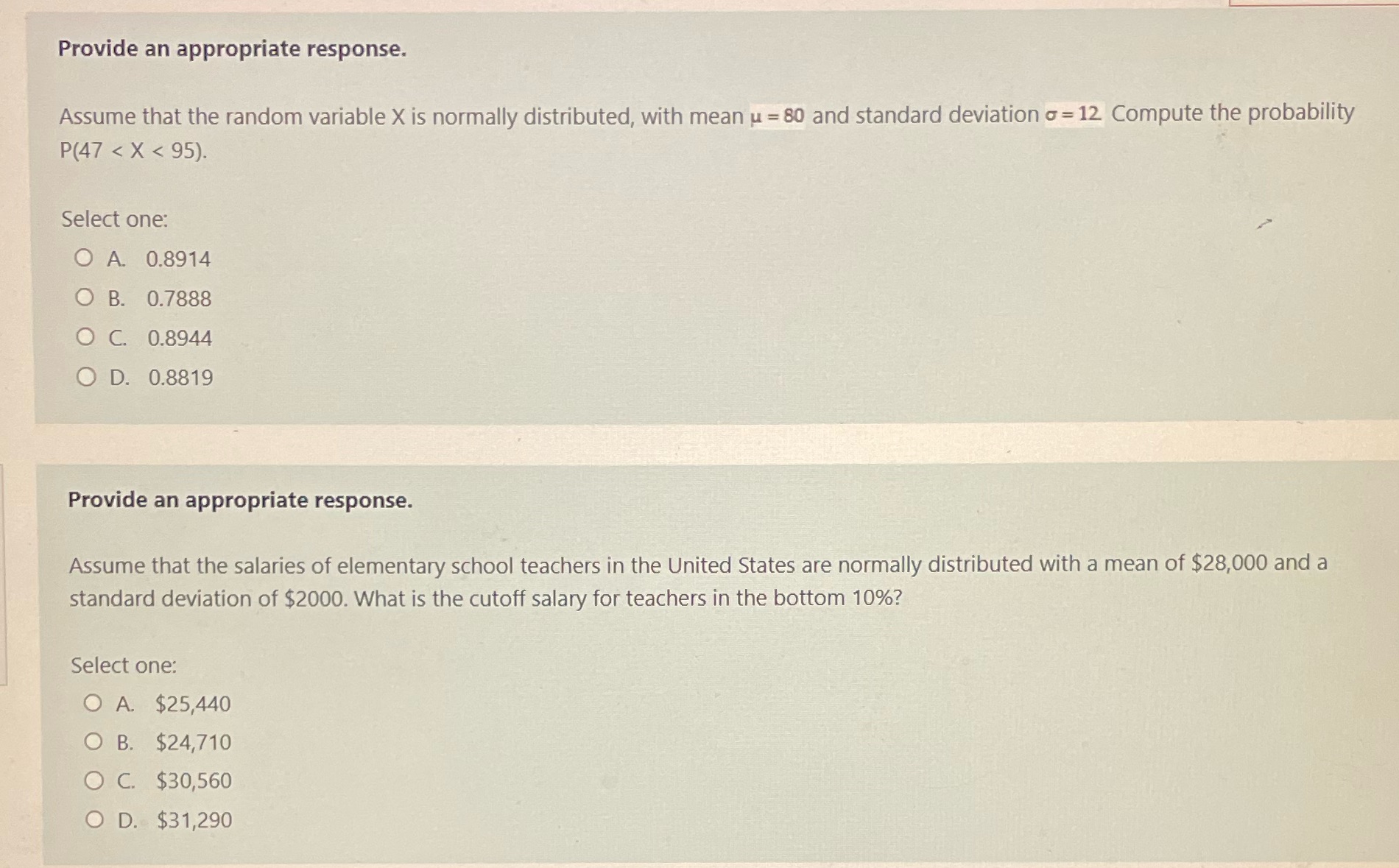 normally distributed, with mean u = 80 and standard deviation o =