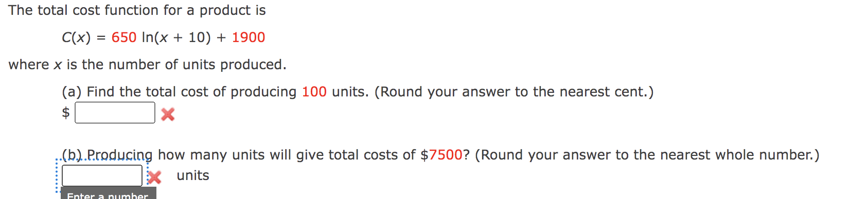 In(x + 10) + 1900 where x is the number of units