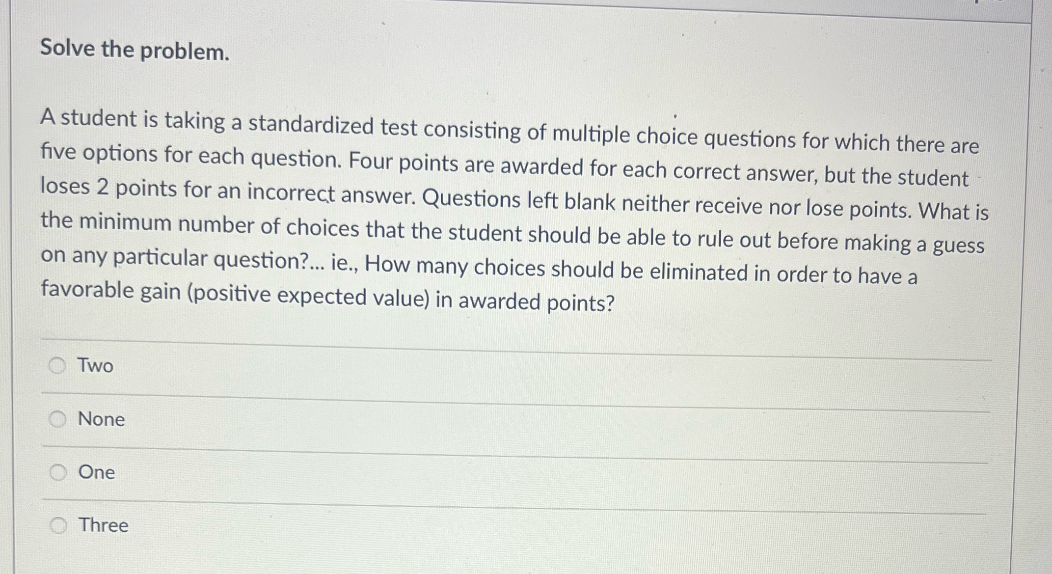 of multiple choice questions for which there are five options for each