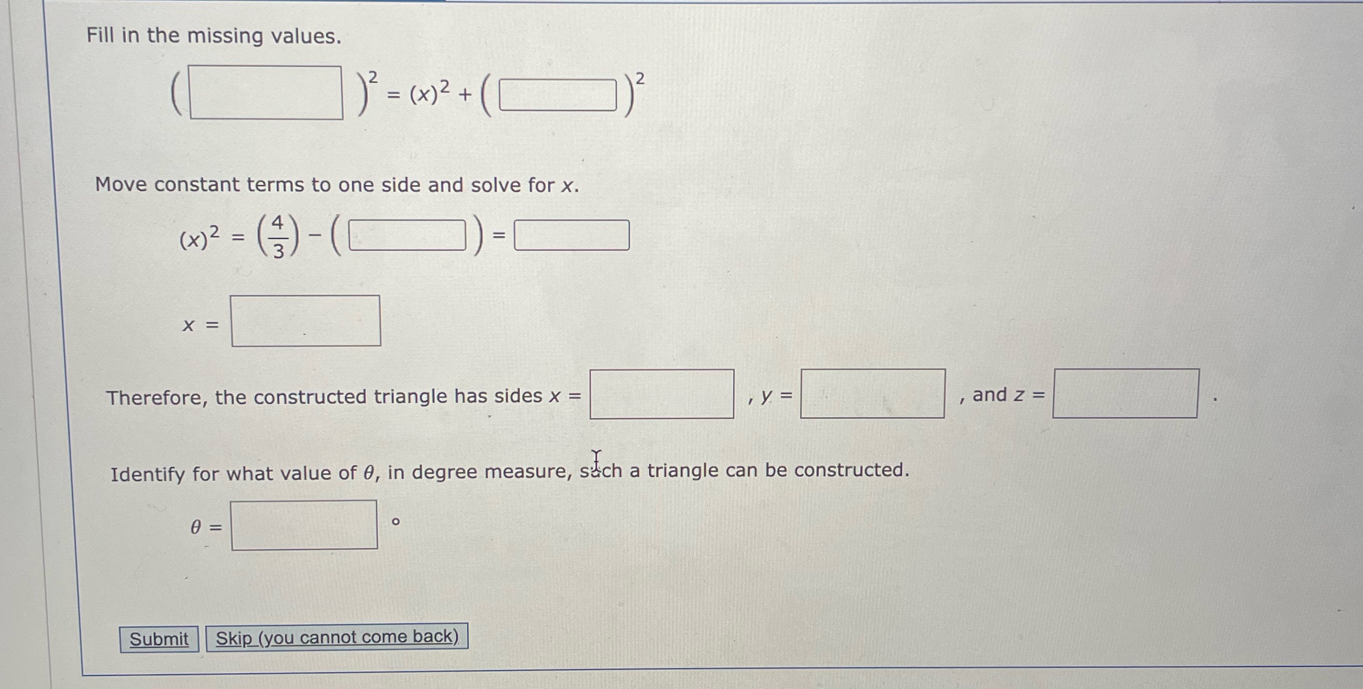 terms to one side and solve for x. ( x ) 2