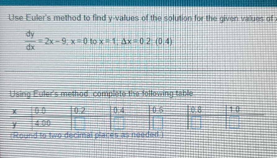 values of the solution for the given values of dy 2x -9