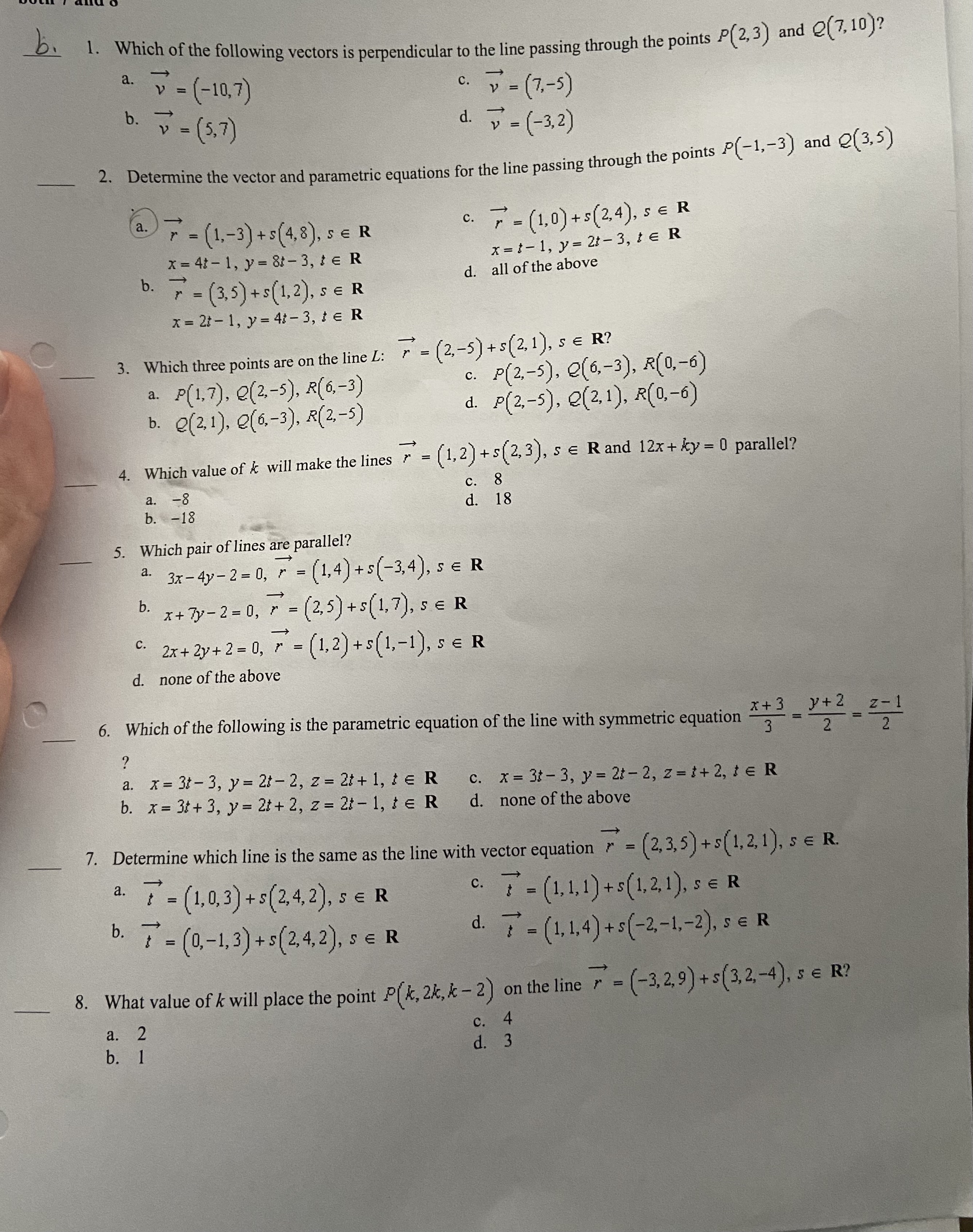 1. Which ofthe following vectors is perpendicular to the line passing through