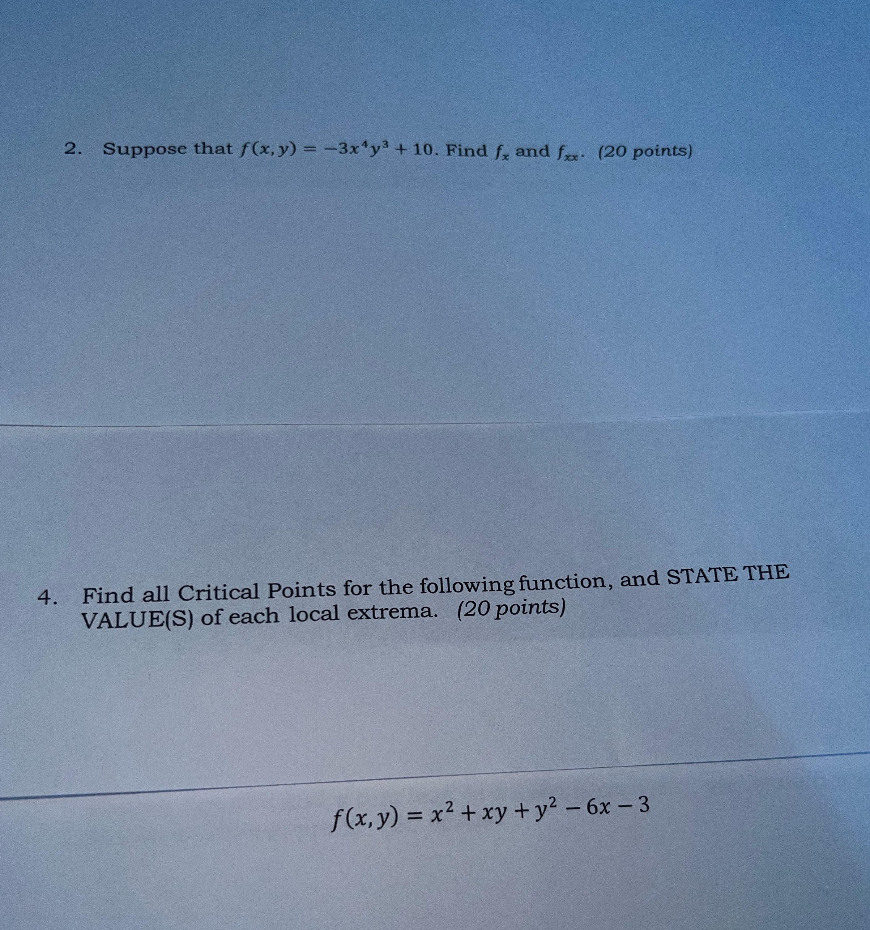 please 2. Suppose that f(x, y) = -3xty3 + 10. Find f,