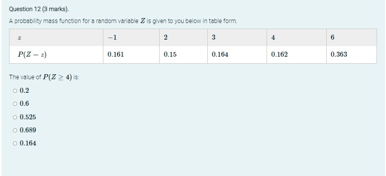  Question 12 (3 marks). A probability mass function for a random