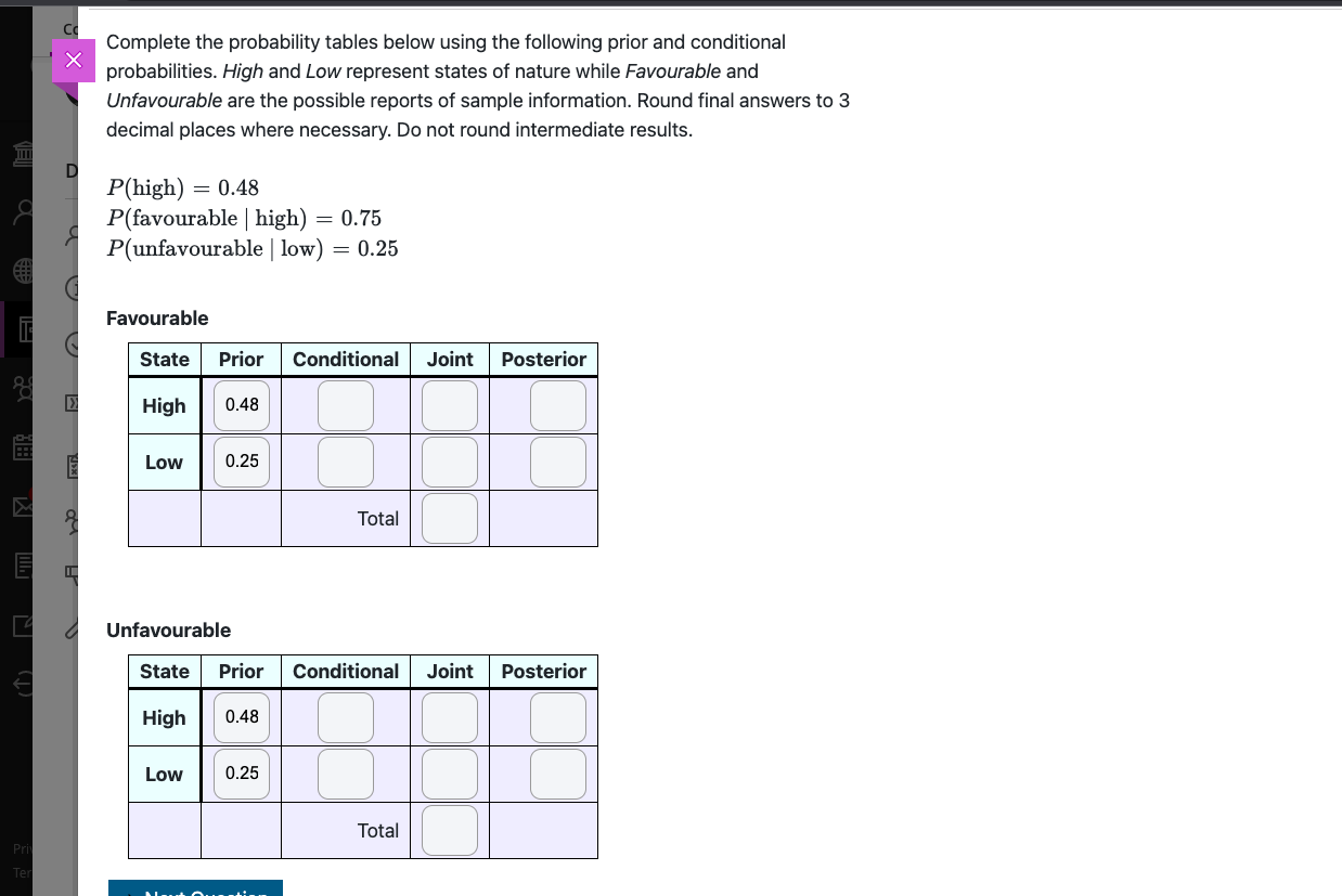 X probabilities. High and Low represent states of nature while Favourable and