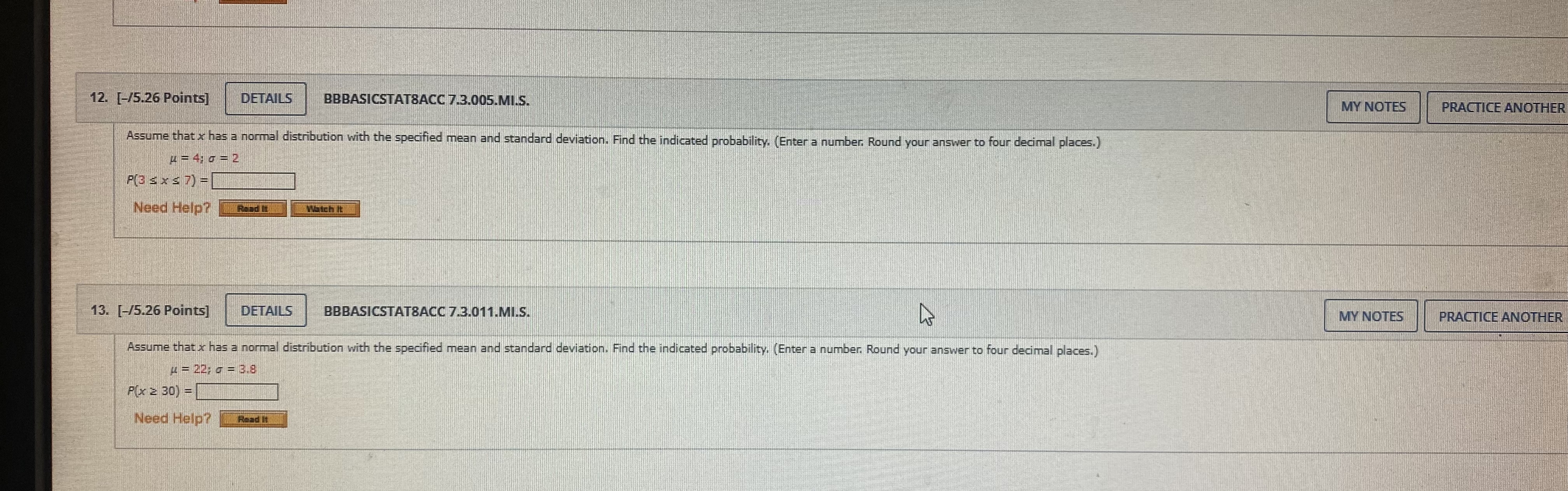  12. [-/5.26 Points] DETAILS BBBASICSTAT8ACC 7.3.005.MI.S. MY NOTES PRACTICE ANOTHER Assume