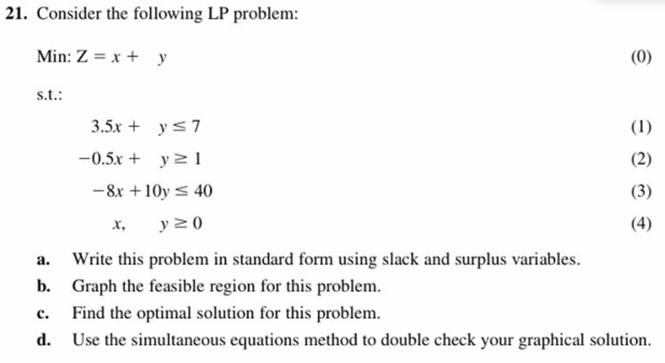  21. Consider the following LP problem: Min: 2 = x +