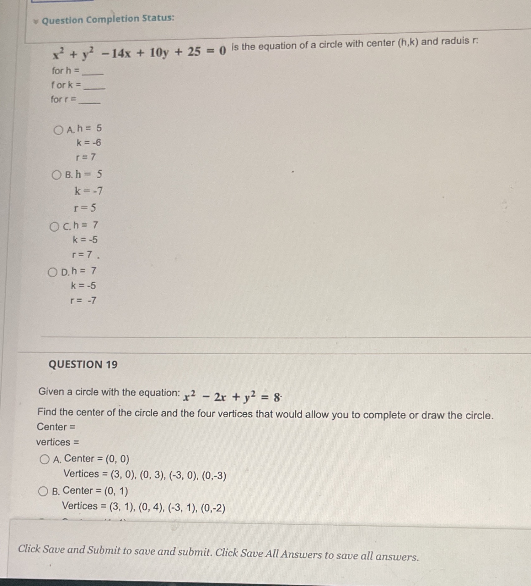  Question Completion Status: x2 + yz - 14x + 10y +