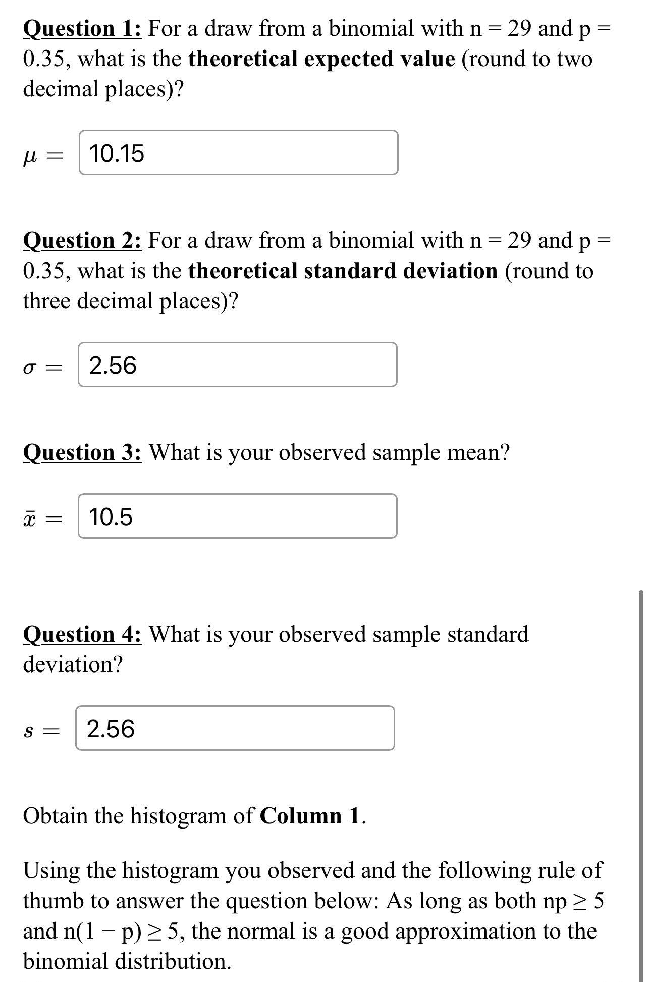 from a binomial with n = 29 and p = 0.35, what