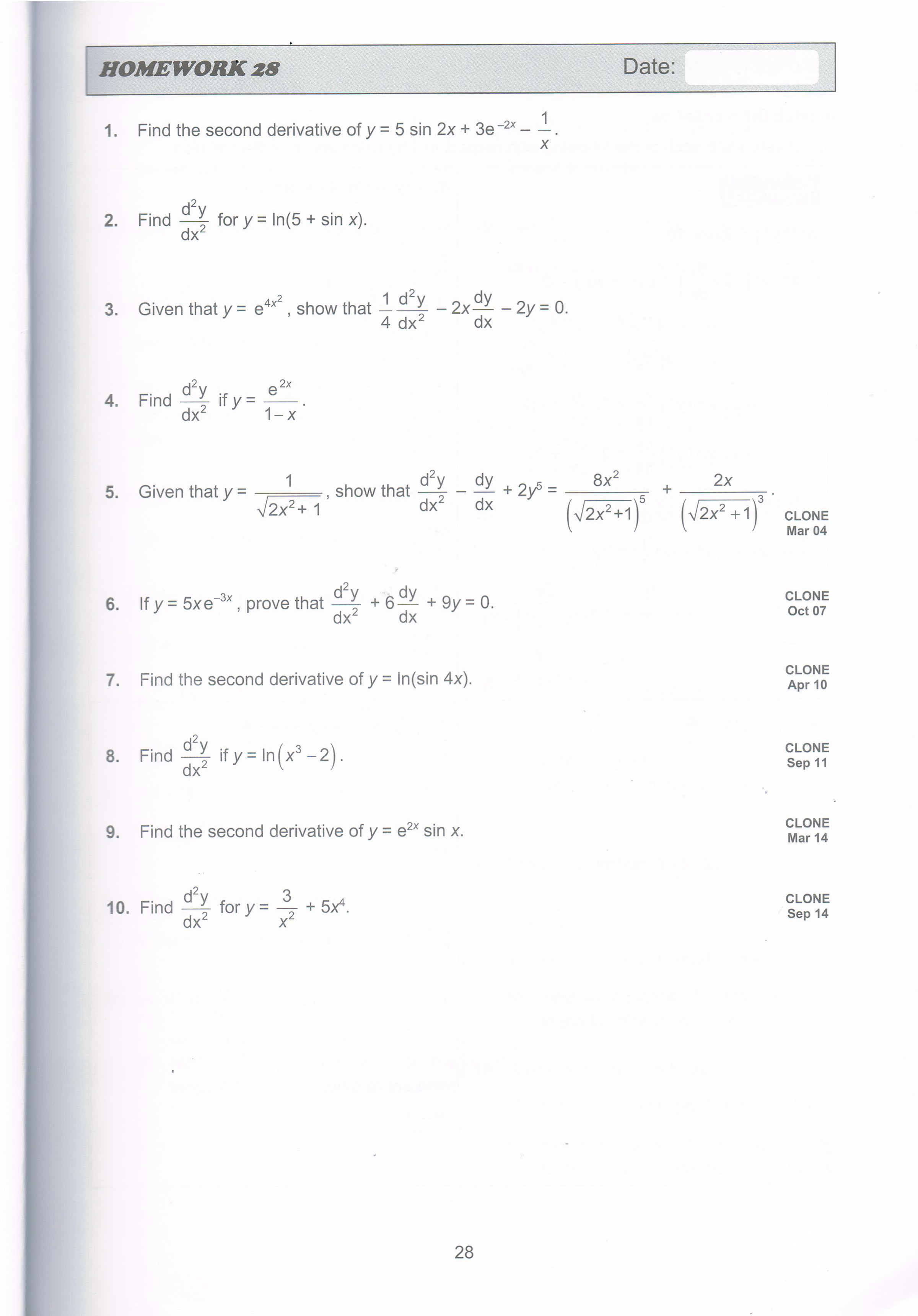 following functions. x [ml 1. f(x)=%x3%x2x+5 6) f(x) = ln(cos 5x) f'(x)