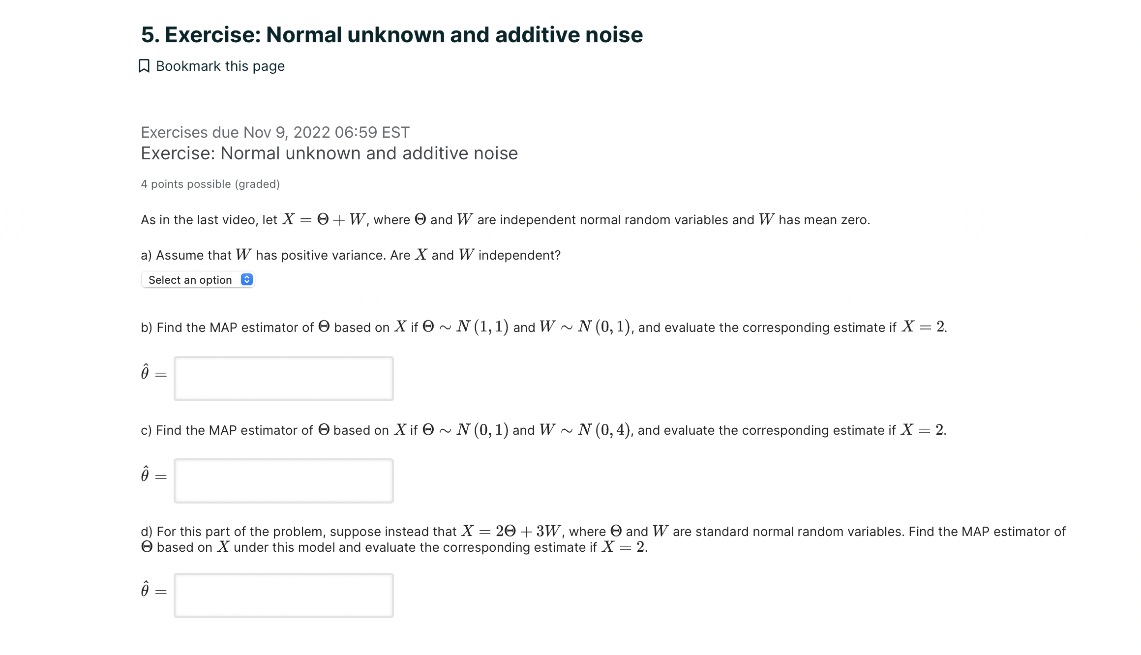 Exercises due Nov 9, 2022 06:59 EST Exercise: Normal unknown and additive