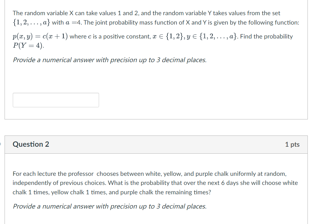 the random variable Y takes values from the set {1, 2, ...,