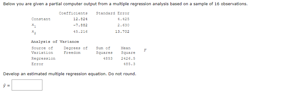 regression analysis based on a sample of 16 observations. Coefficients Standard Error