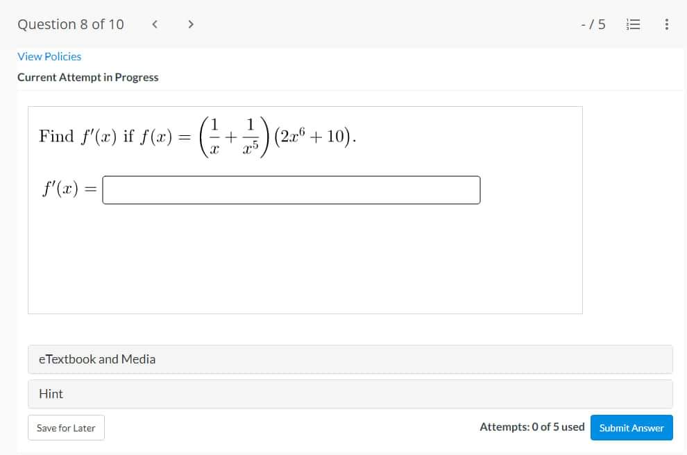 Attempts: 0 of 5 used Submit AnswerQuestion 6 of 10 - 15