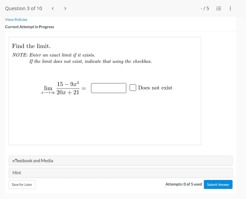 enter NA. x = e Textbook and Media Hint Save for Later