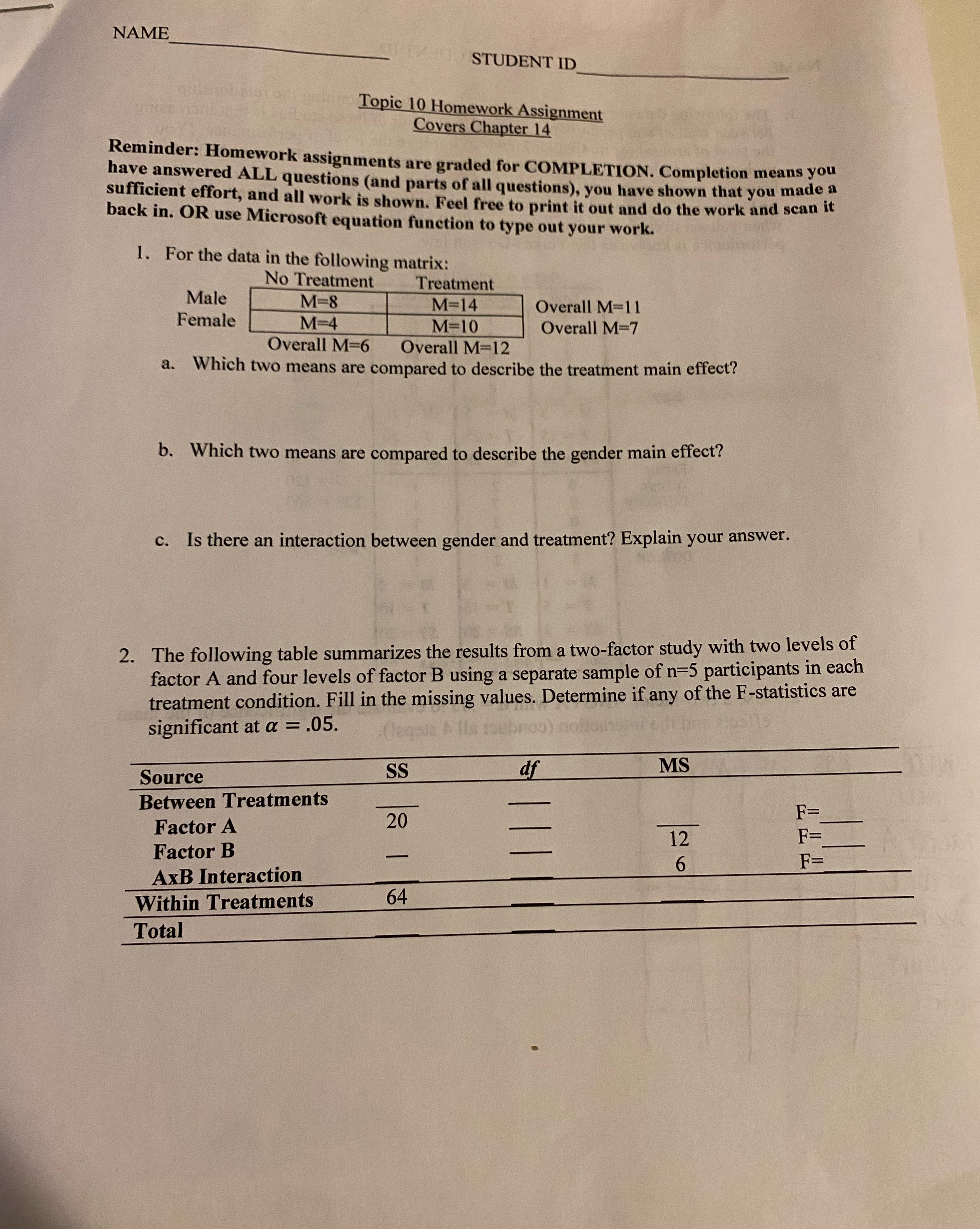  Please help me NAME STUDENT ID Topic 10 Homework Assignment Covers