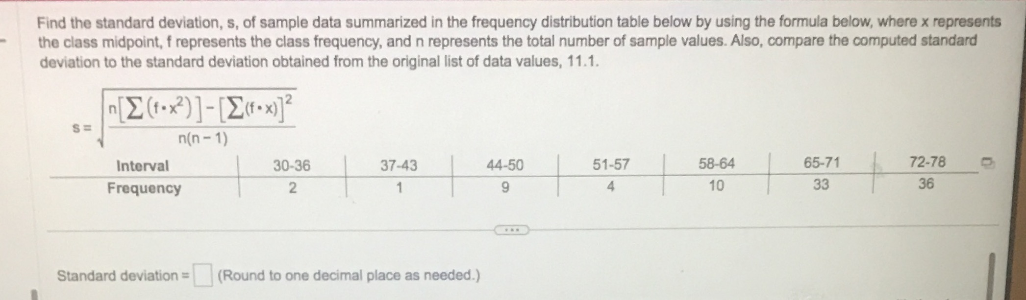 frequency distribution table below by using the formula below, where x represents