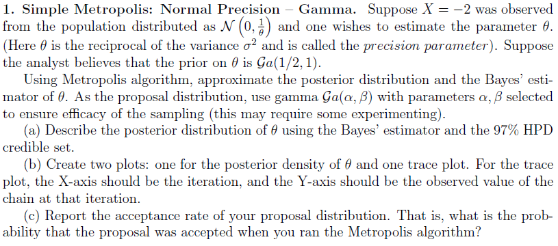 1. Simple Metropolis: Normal Precision Gamma. Suppose X = 2 was