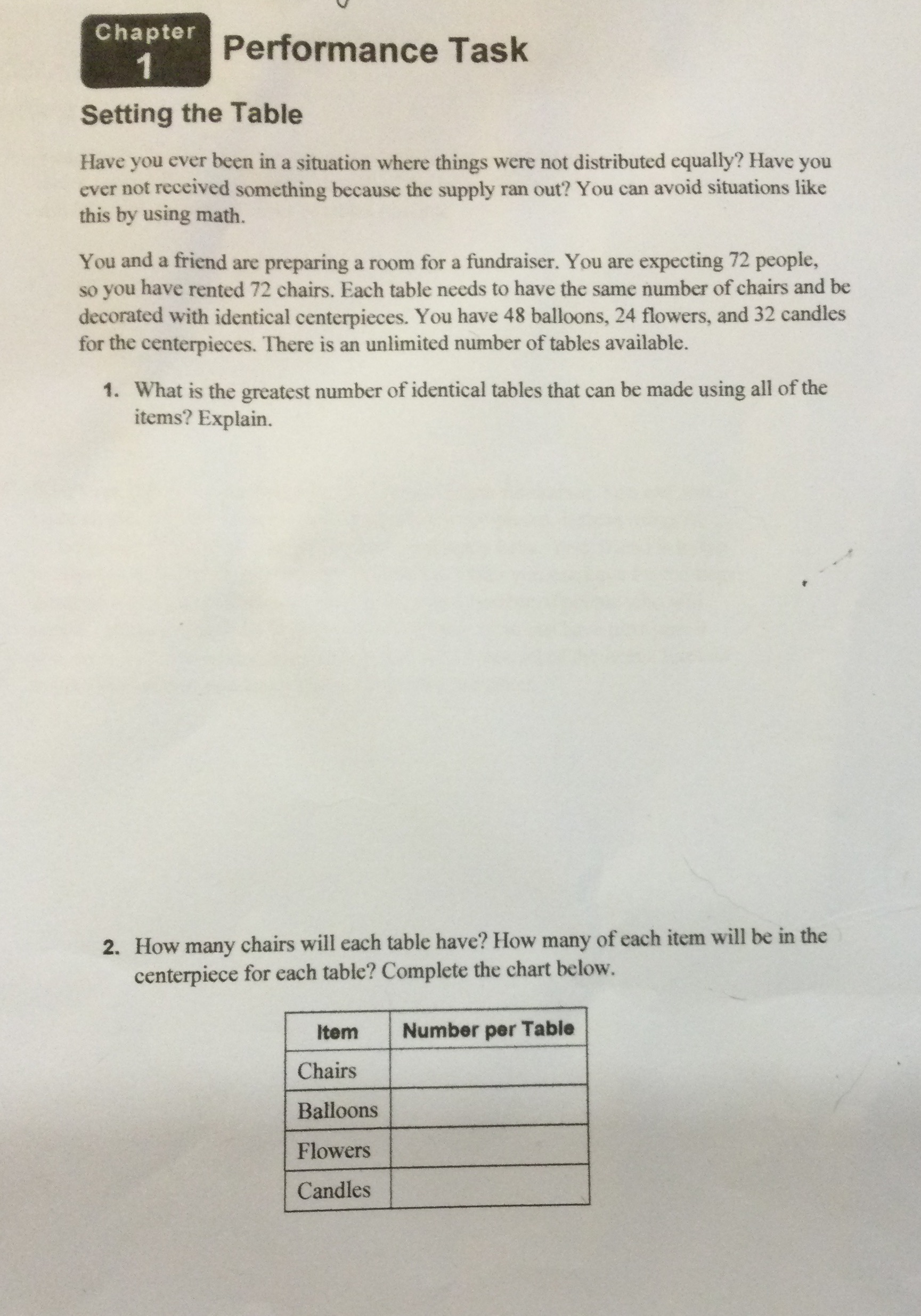  Chapter 1 Performance Task Setting the Table Have you ever been