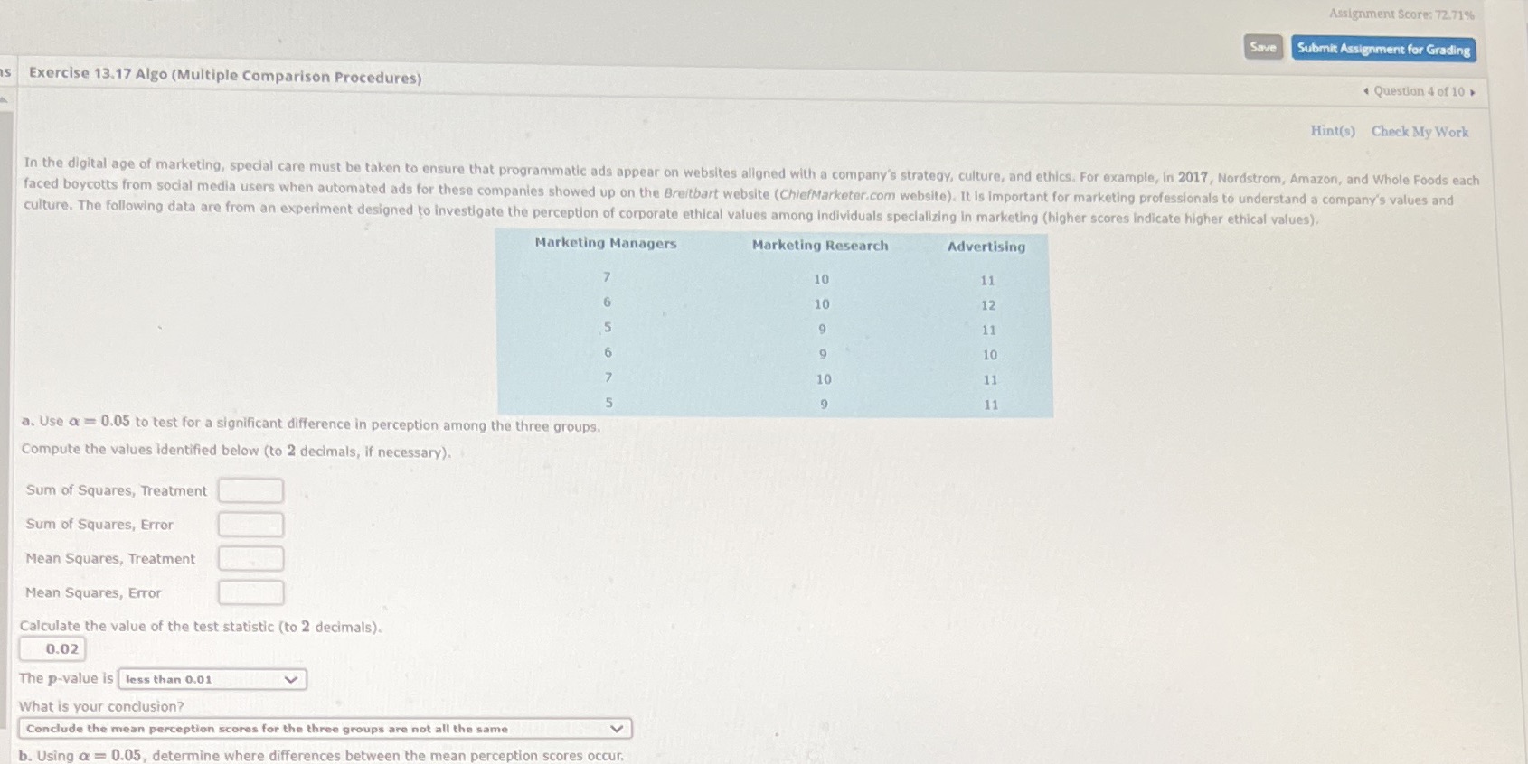 Algo (Multiple Comparison Procedures) Question 4 of 10 > Hint(s) Check My