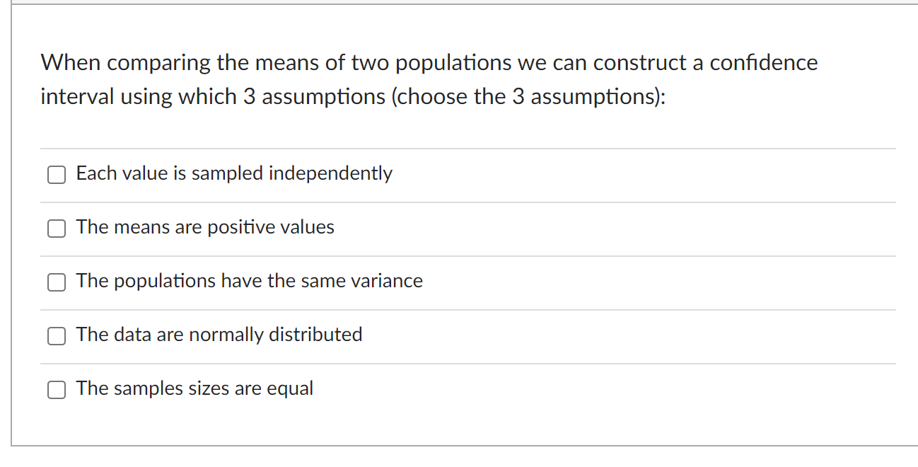 means are positive values C] The populations have the same variance C]
