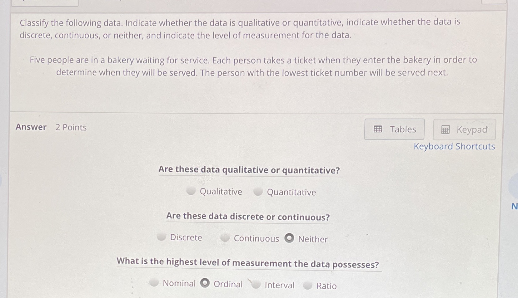 quantitative, indicate whether the data is discrete, continuous, or neither, and indicate