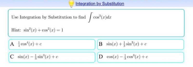 Integration by Substitution to find A In|+1+c B In'+lite 101 C _In