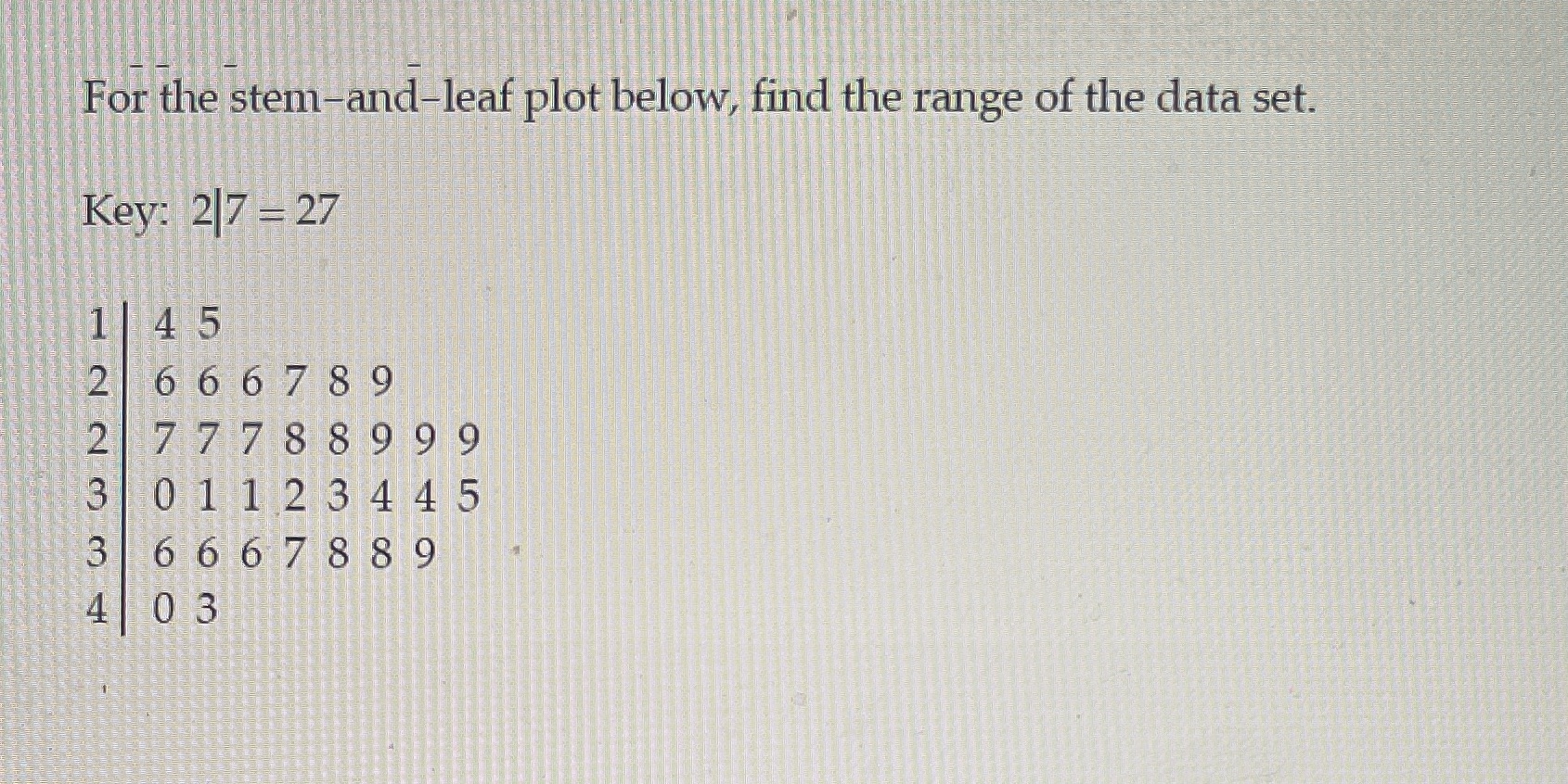 For the stem-and-leaf plot below, find the range of the data