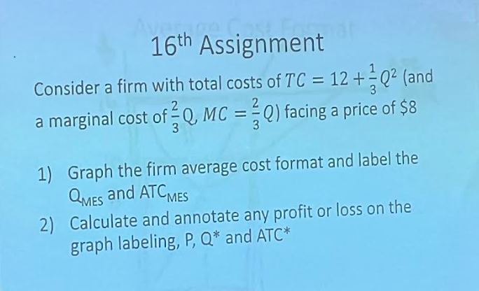 16th Assignment Consider a firm with total costs of TC = 12