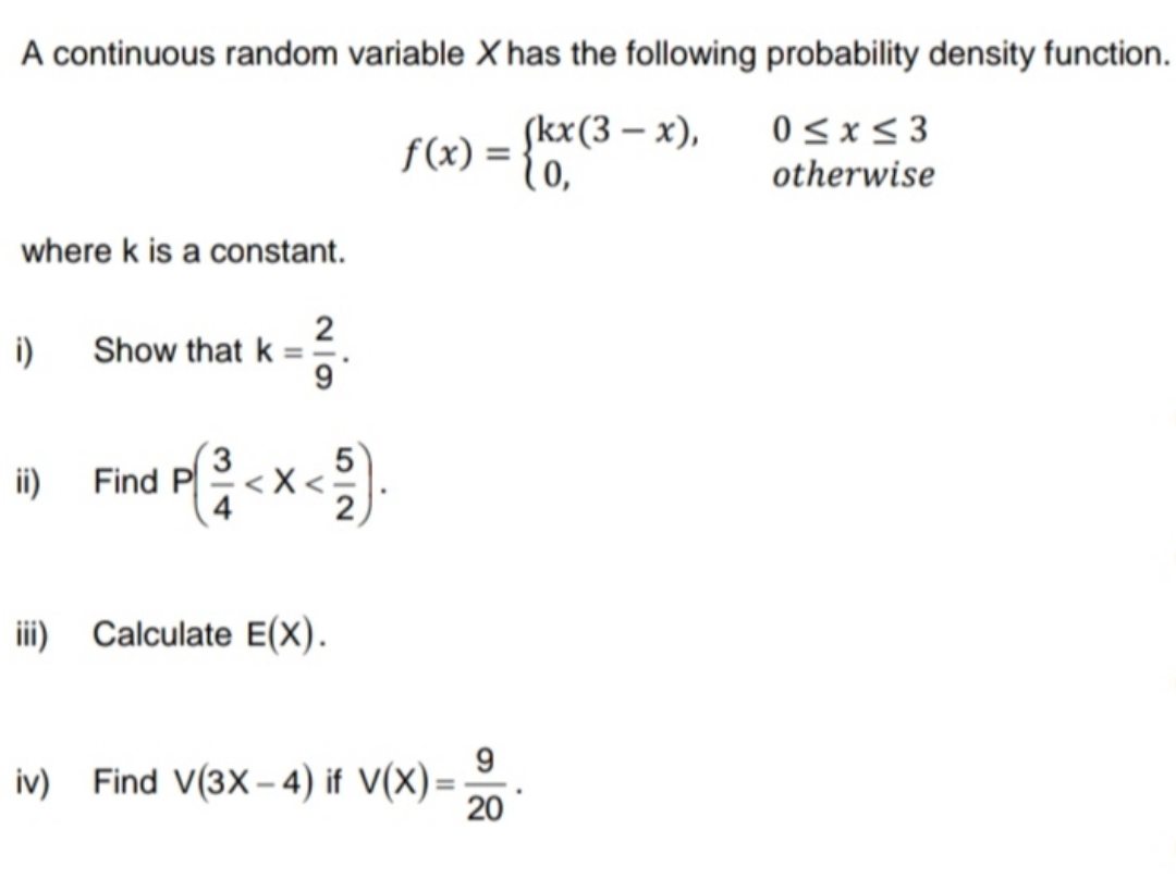probability density function. _ kx(3-x), 05x53 f(x) _ {0, otherwise where k