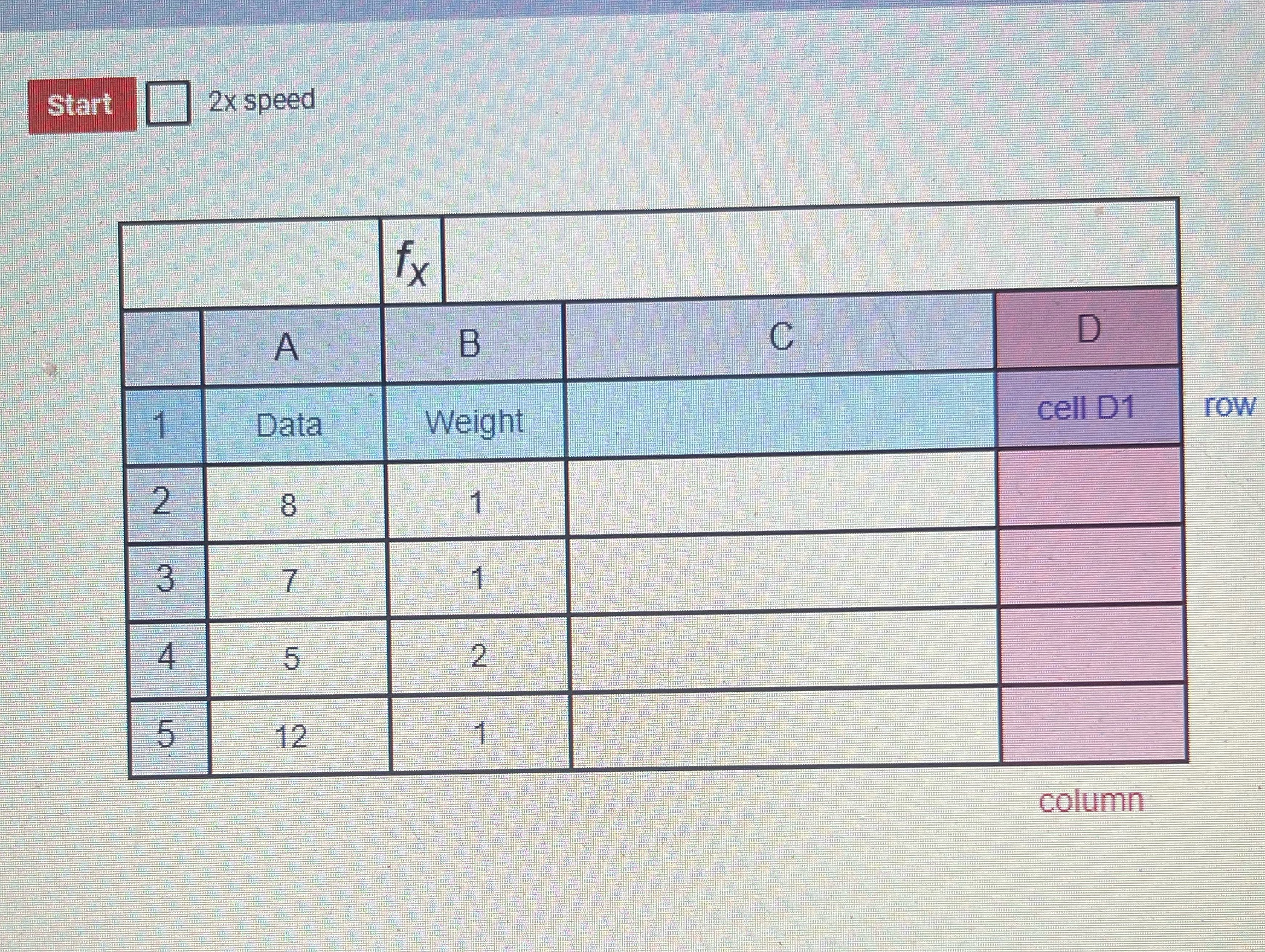  Start 2x speed fx A B C D 1 Data Weight