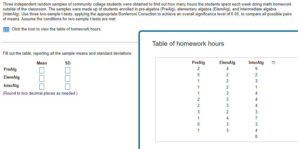 algebra (ElemAlg), and intermediate algebra (InterAlg). Use three two-sample t-tests, applying the
