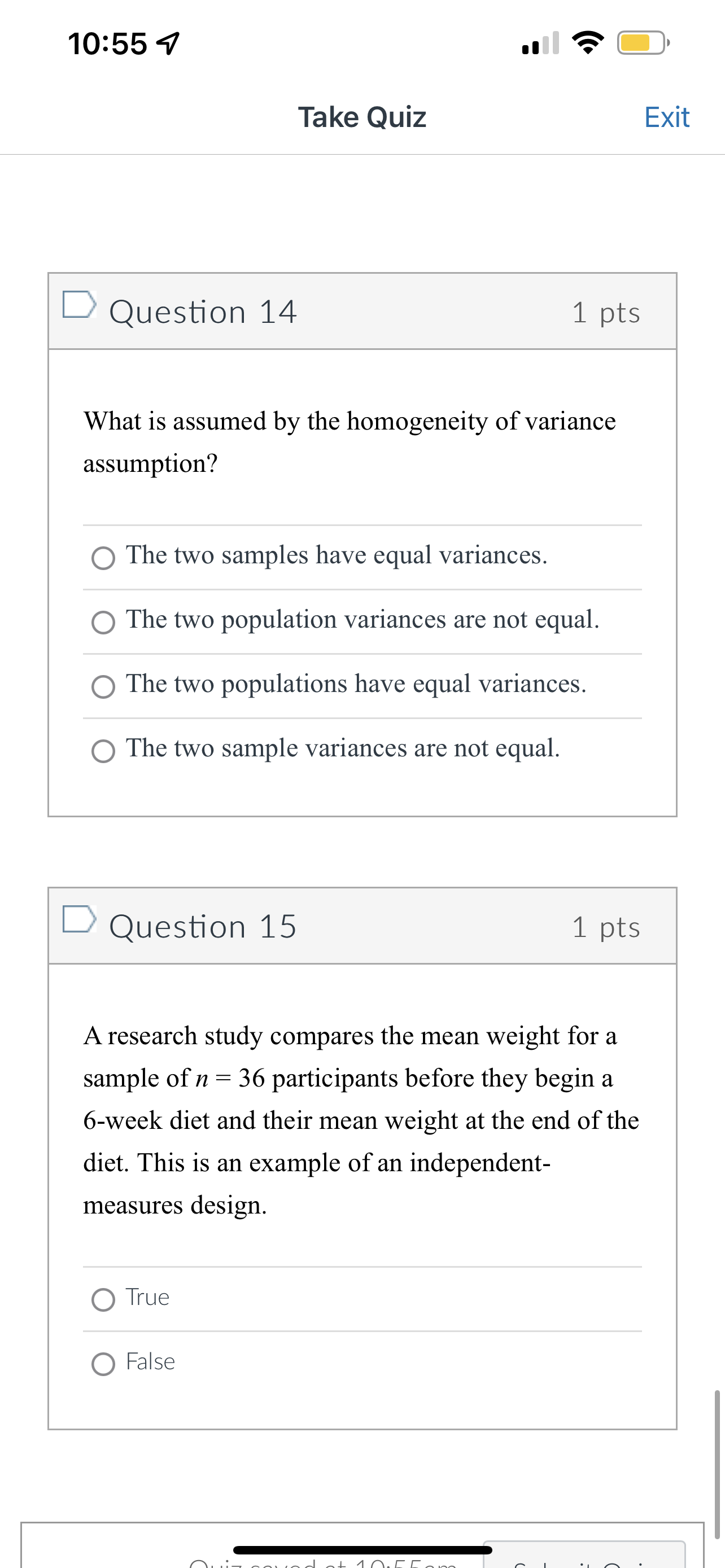 two populations have equal variances. O The two sample variances are not