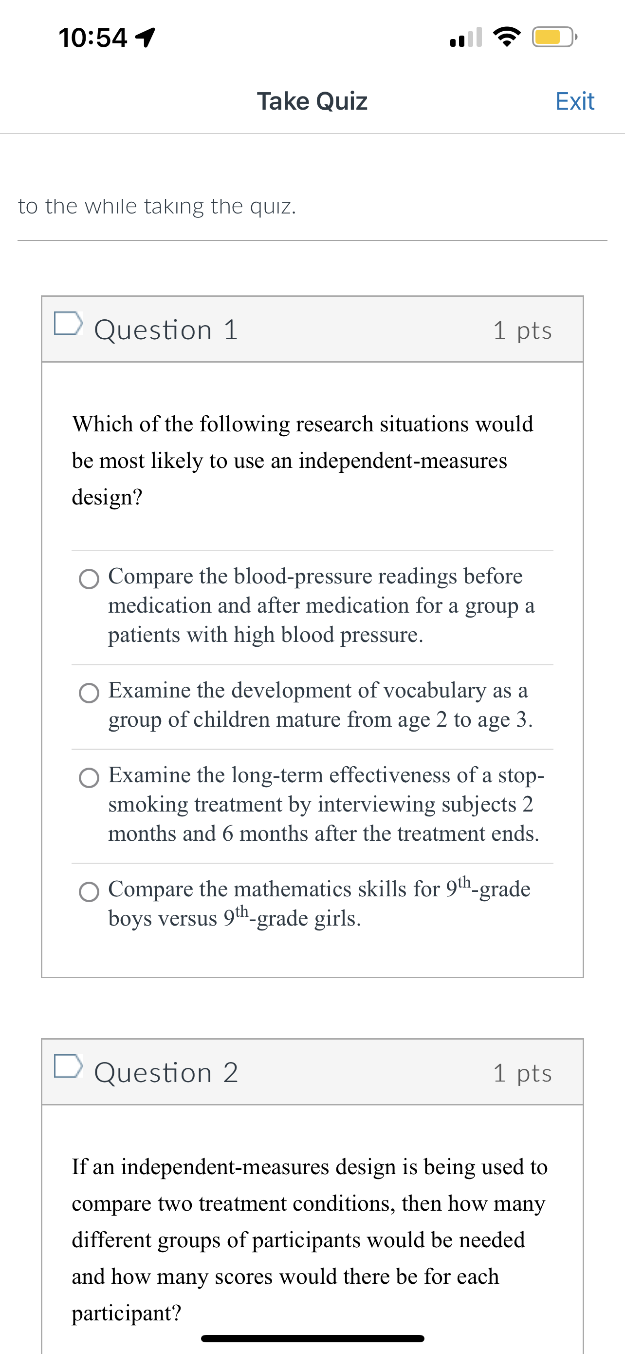 diet. This is an example of an independent- measures design. 0 True