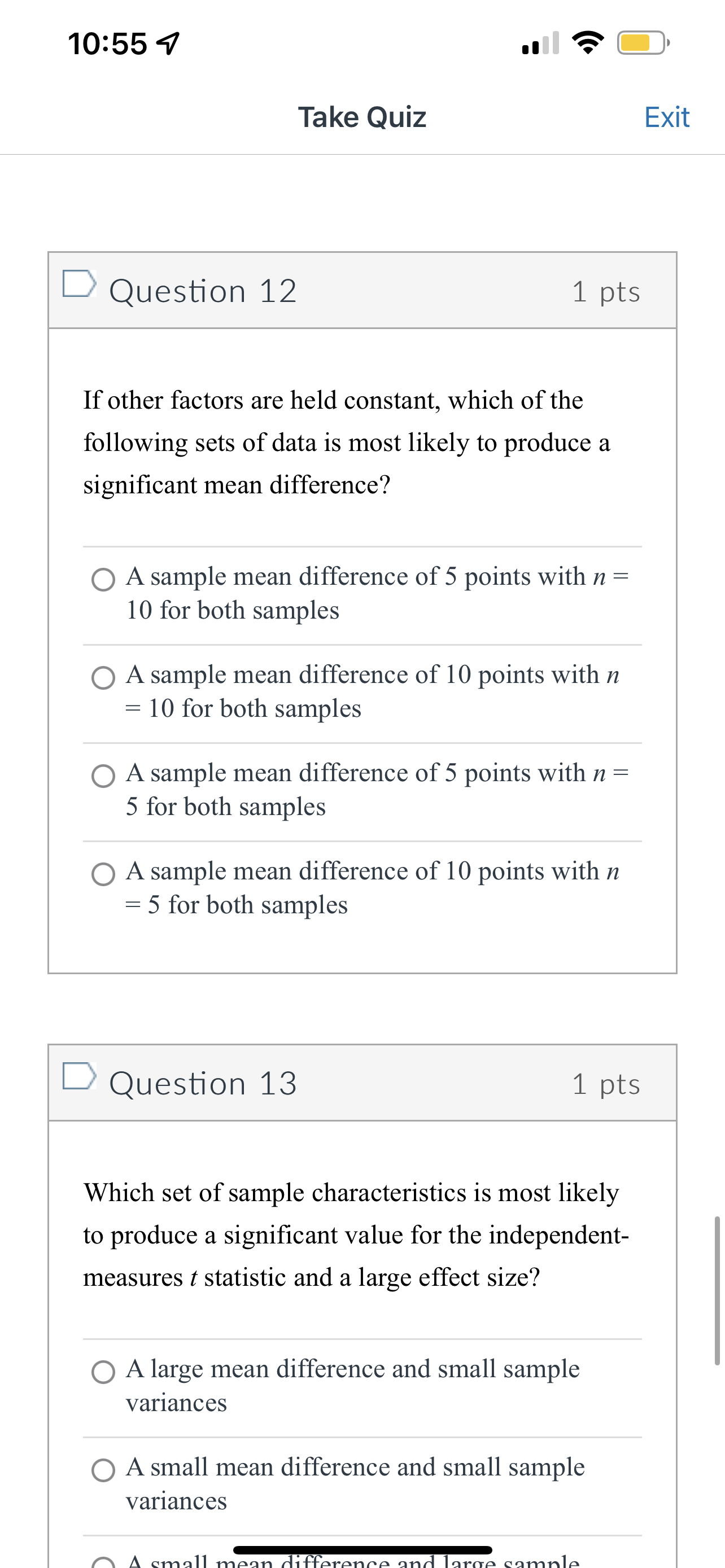 120 and 125. 0 Sample means of 10 and 20, with sample